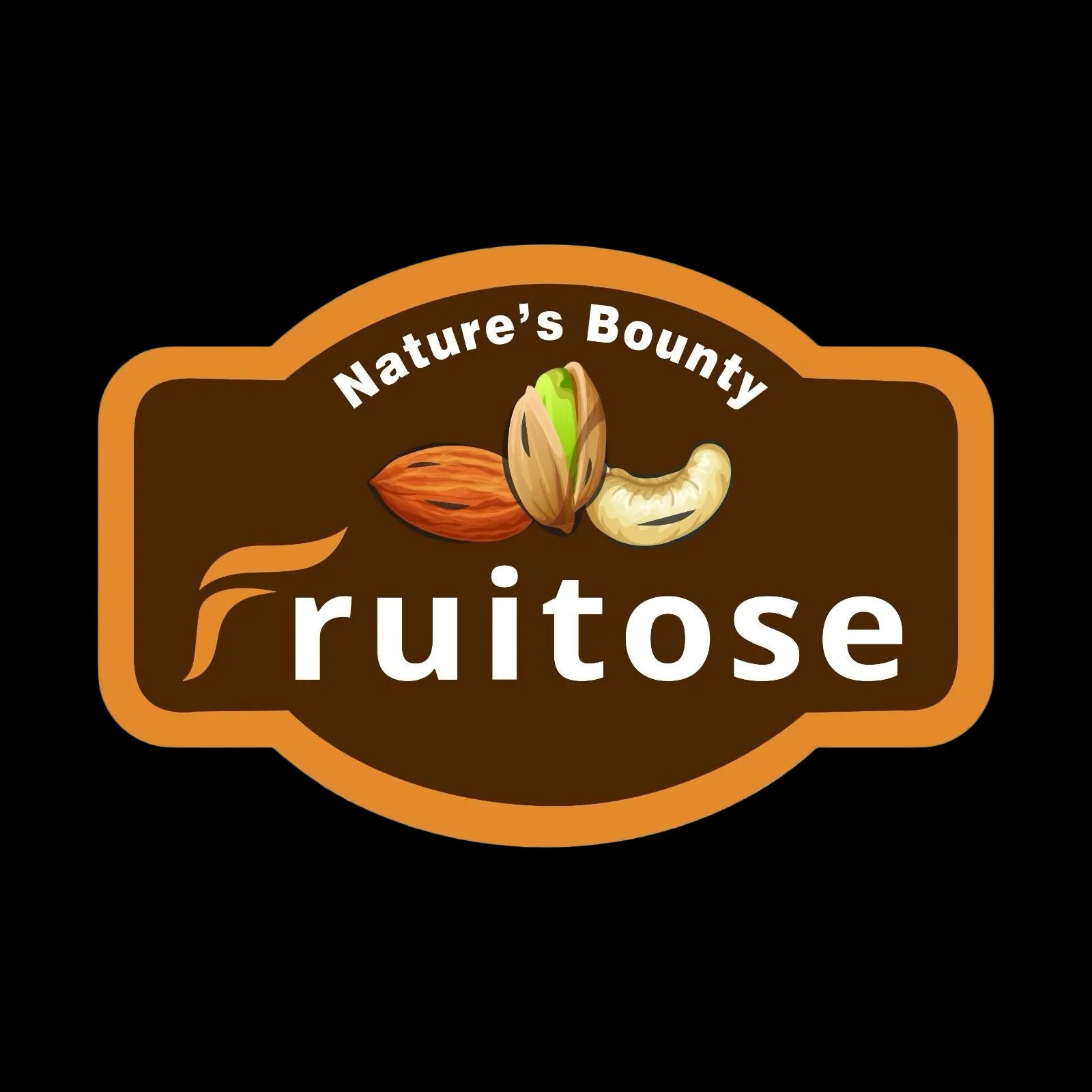 Logo of 'Nature's Bounty Fruitose' with images of nuts on a brown background