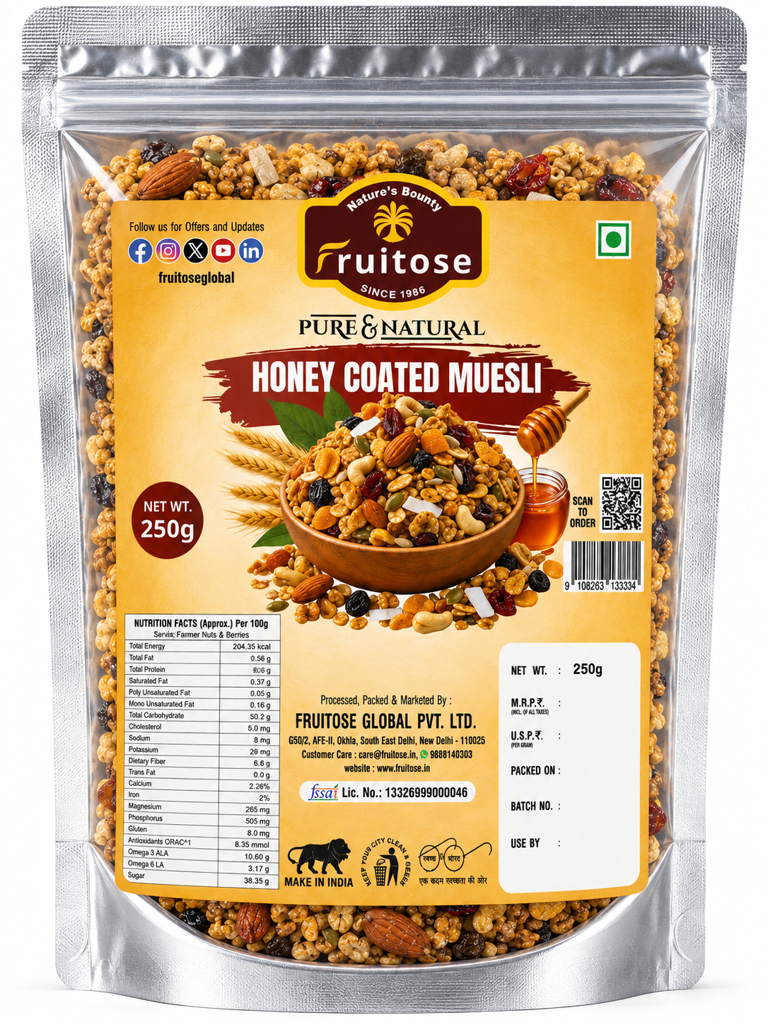 Honey Coated Muesli – Crunchy Nut & Fruit Breakfast Cereal | 250g