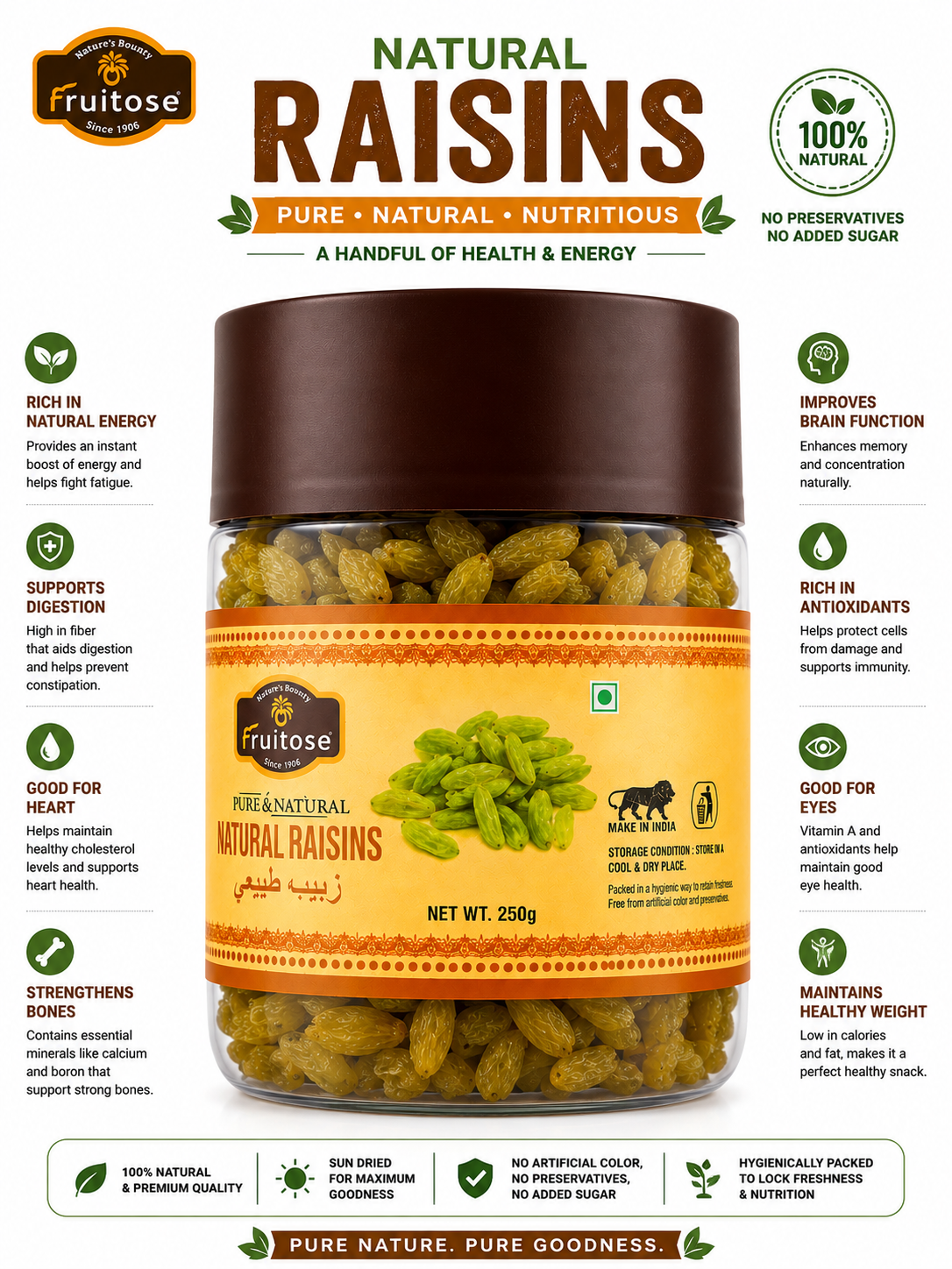 Premium Natural Raisins (Kishmish) | Sweet & Seedless | 250g