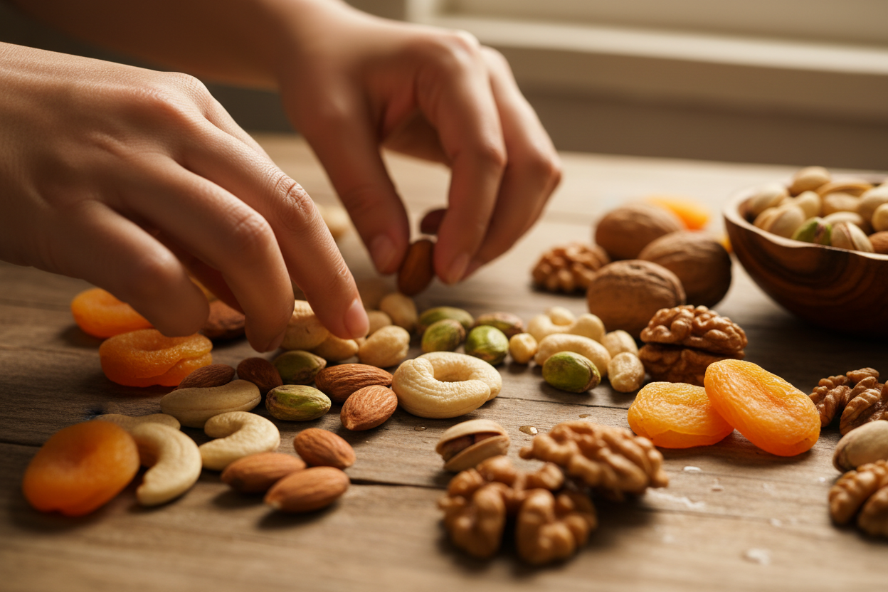 Hands sorting premium dry fruits