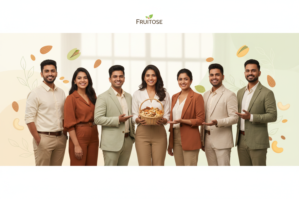 Meet the Team banner for Fruitose, a premium dry fruits and nuts brand from India. Warm, friendly team members standing in a semi-circle, expressing trust and positivity. Background with subtle illustrations of dry fruits and leaves, pastel cream and light green colors, soft shadows, natural daylight, modern Indian startup vibe, website hero banner style, ultra high quality, realistic photography, no text.