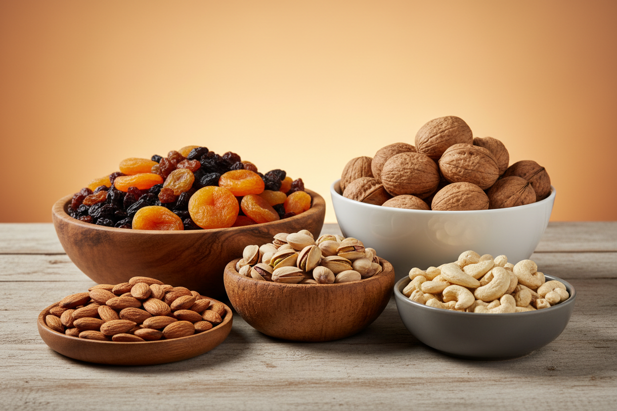 Premium e-commerce product image of assorted dry fruits,
almonds, cashews, pistachios, walnuts and raisins,
beautifully arranged in wooden and ceramic bowls,
warm orange and yellow gradient background,
clean minimal composition,
soft studio lighting, natural shadows,
high realism, ultra sharp details,
commercial food photography, 4k quality,
no text, no logo, no watermark
